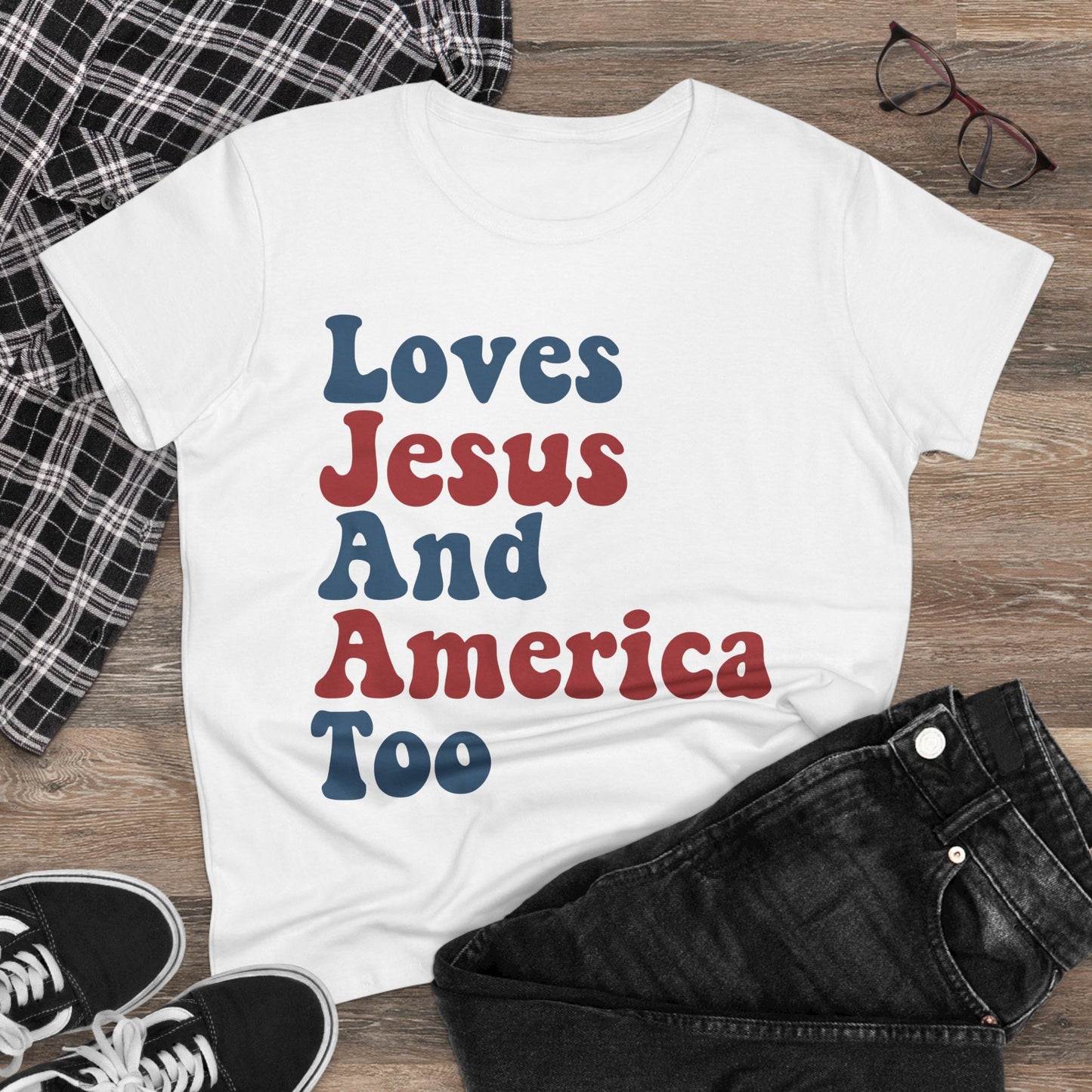 Loves Jesus and America Too Tom Petty Women's Midweight Cotton Tee